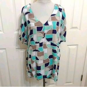 Trina Turk Green Beige Geometric Blouse Top